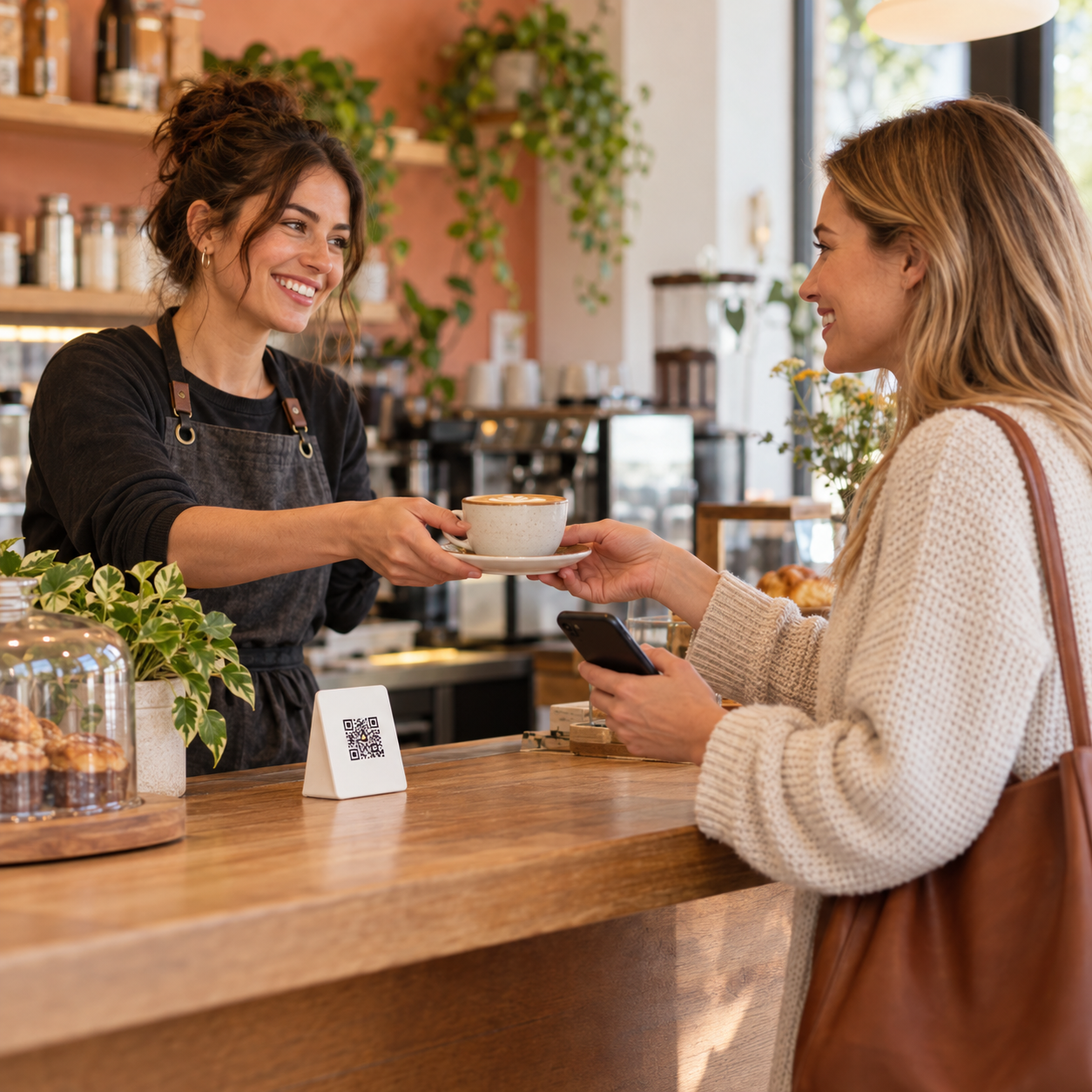 A café owner welcoming a customer at the counter