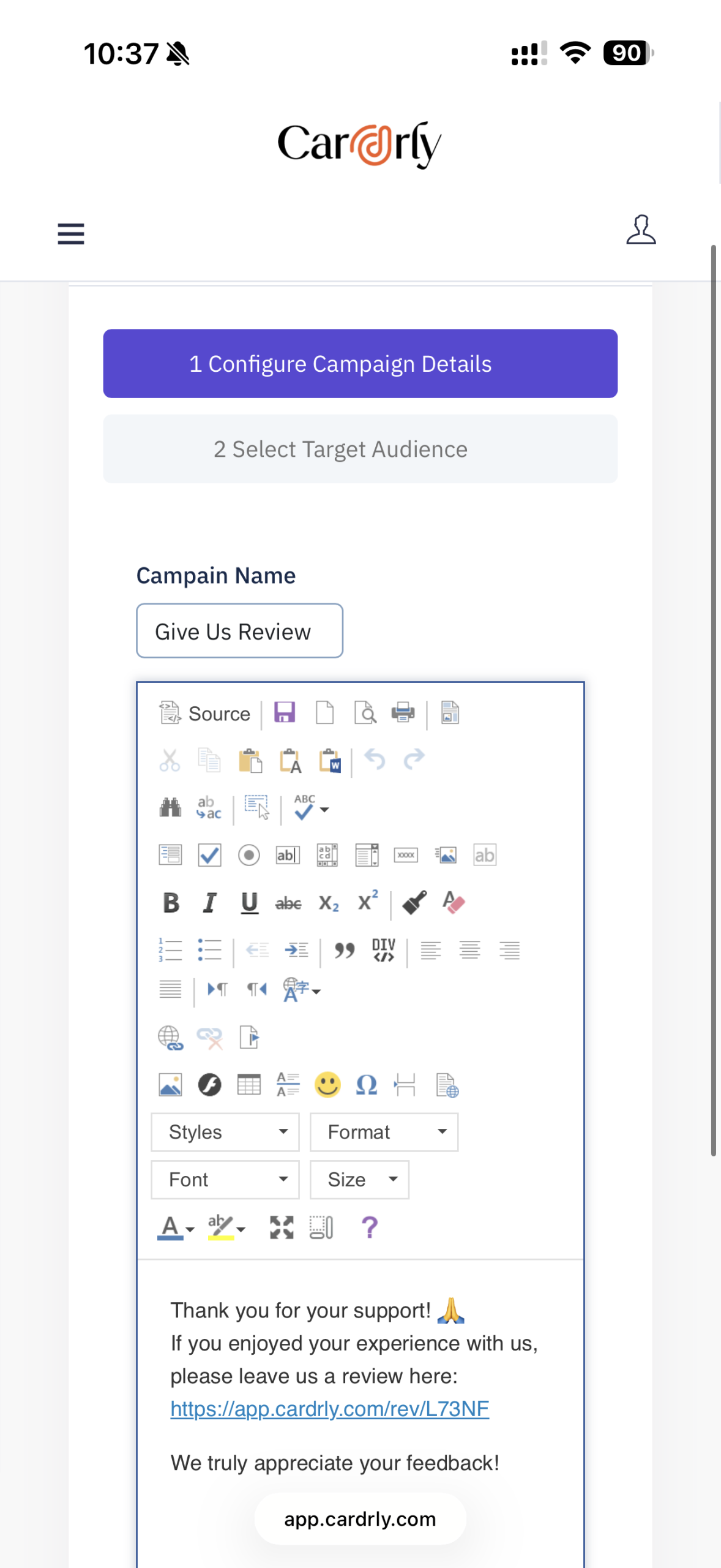SMS campaign message editor